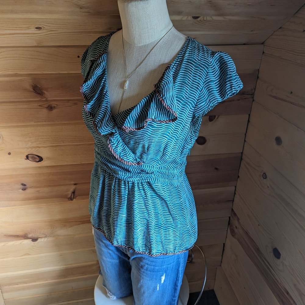 Anthropologie Odille Green Ruffled Silk Blouse